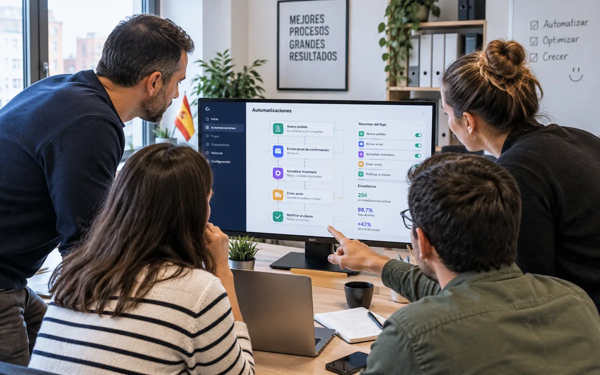 Equipo de una pyme revisando en pantalla un panel de automatización de procesos con inteligencia artificial