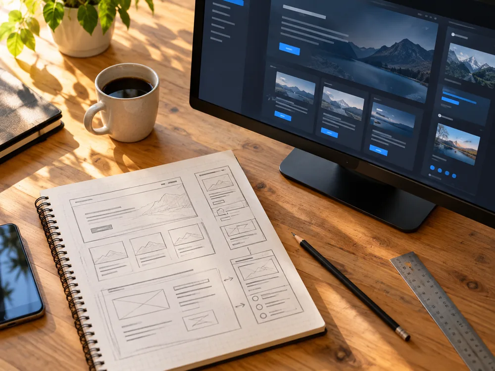 Boceto a mano de la estructura de una página web junto a la pantalla con el diseño terminado