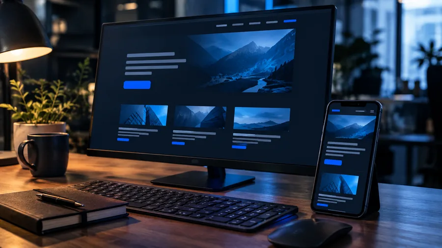 Diseño web responsive mostrado en un monitor y en un móvil sobre un escritorio