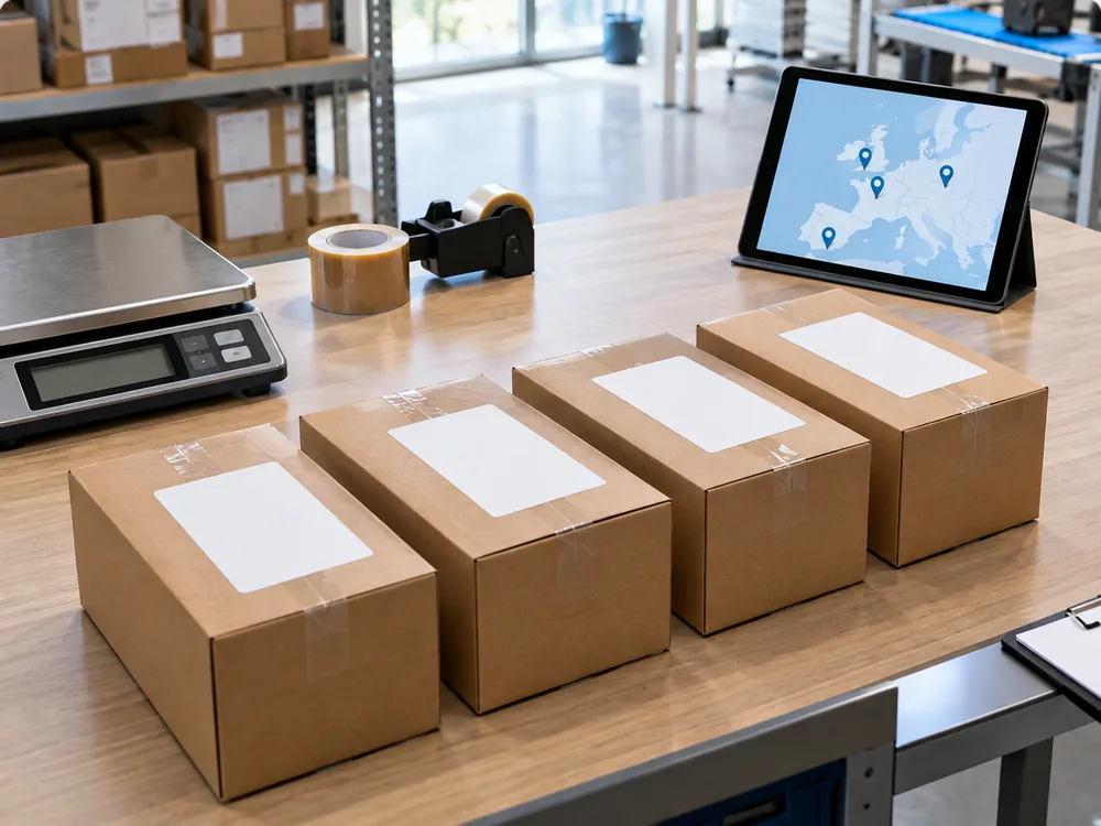 Cuatro paquetes del mismo producto preparados para cuatro marketplaces europeos