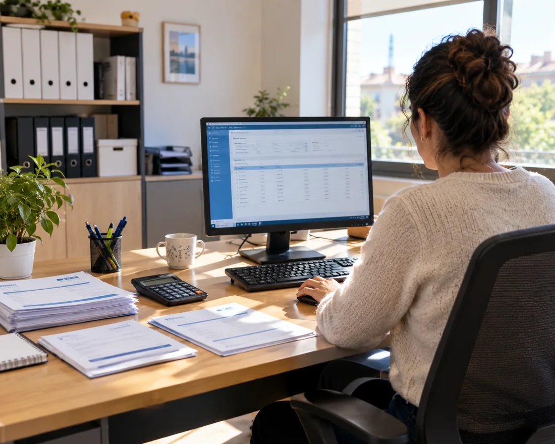 Persona emitiendo facturas con un programa preparado para Verifactu en la oficina de una pequeña empresa