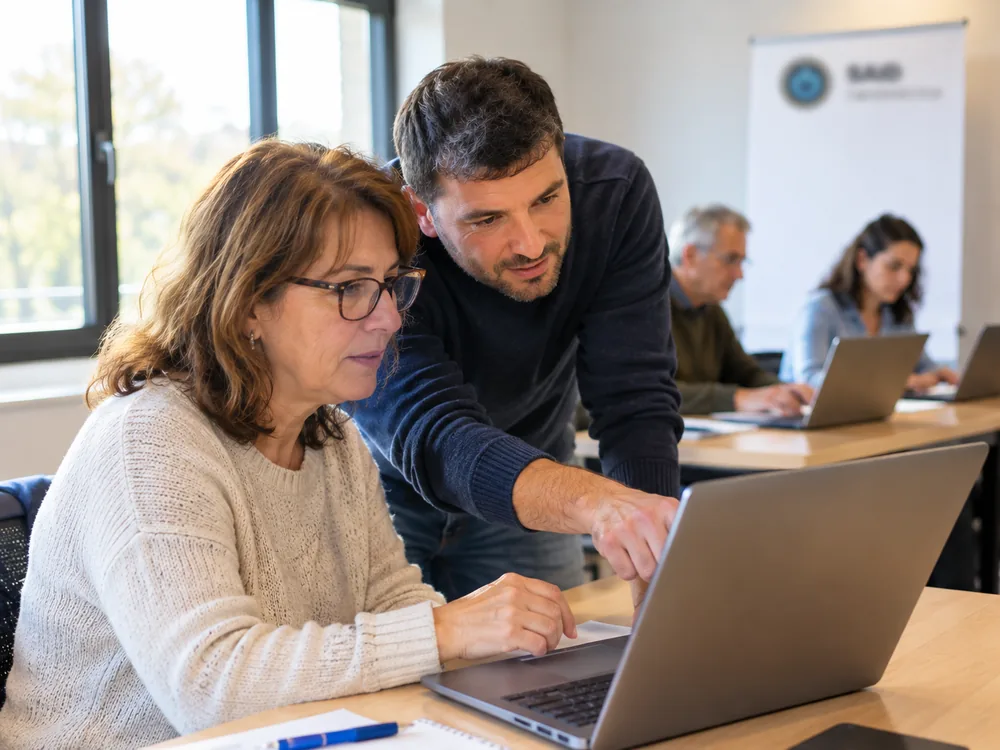 Formador atendiendo individualmente a una alumna en una clase de informática en grupo reducido