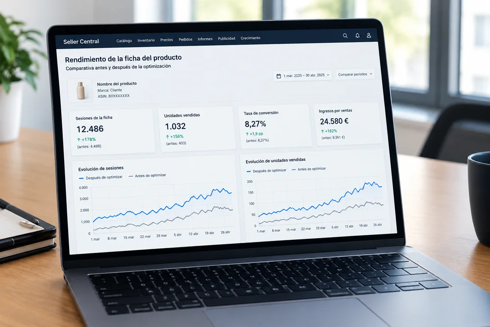 Ejemplo del informe de rendimiento de una ficha de producto, comparando sesiones, unidades vendidas, tasa de conversión e ingresos antes y después de optimizarla