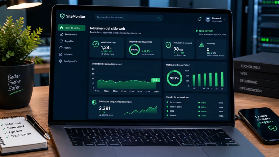 Panel de control con la velocidad de carga, la disponibilidad y la puntuación de seguridad de una página web