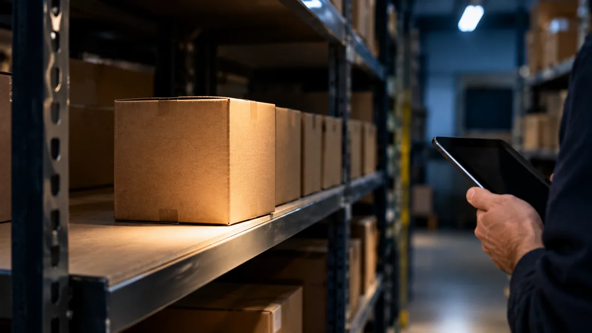Caja de producto adelantada al borde del estante mientras el resto quedan atrás en penumbra