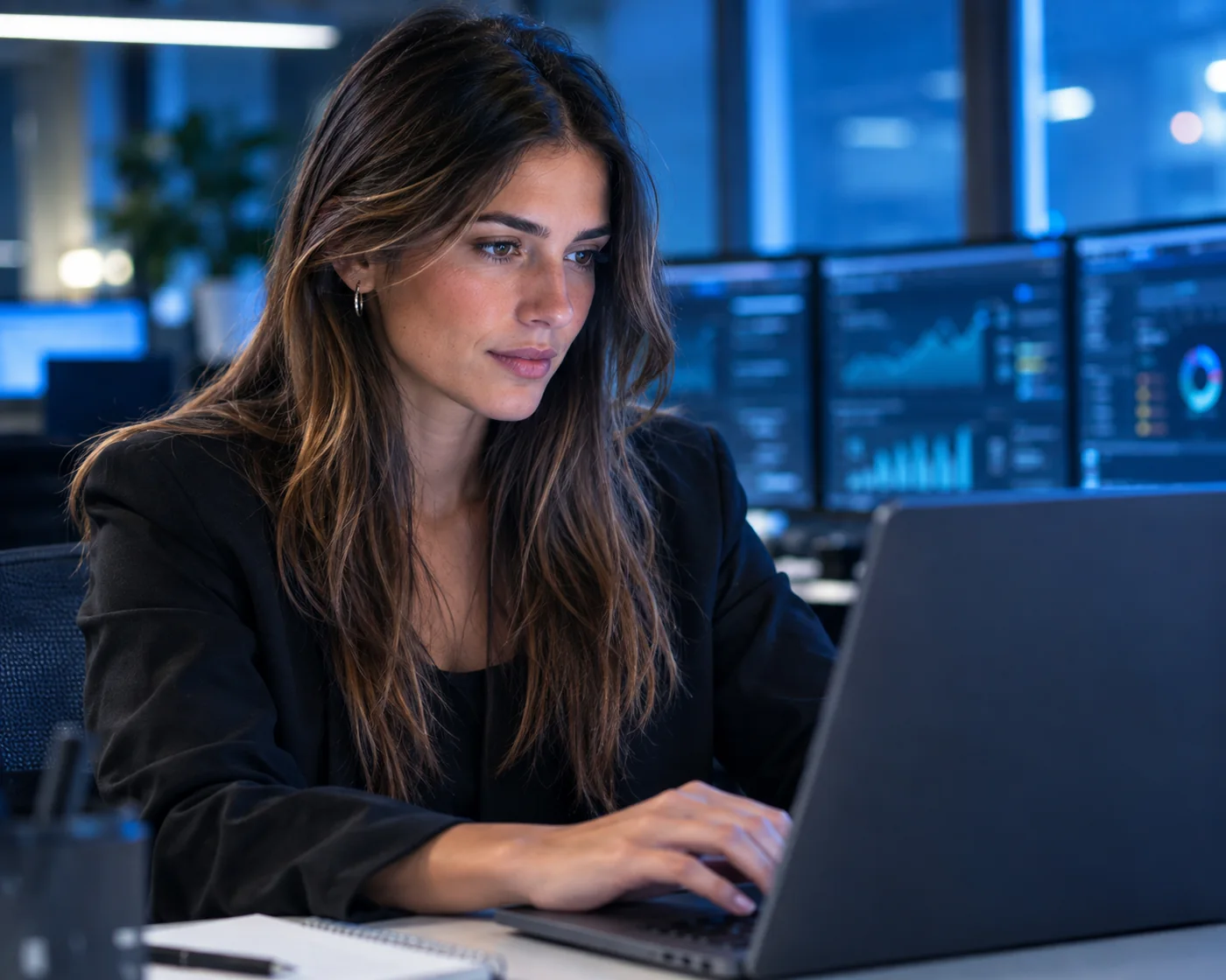 Profesional trabajando con paneles de datos de negocio en una oficina