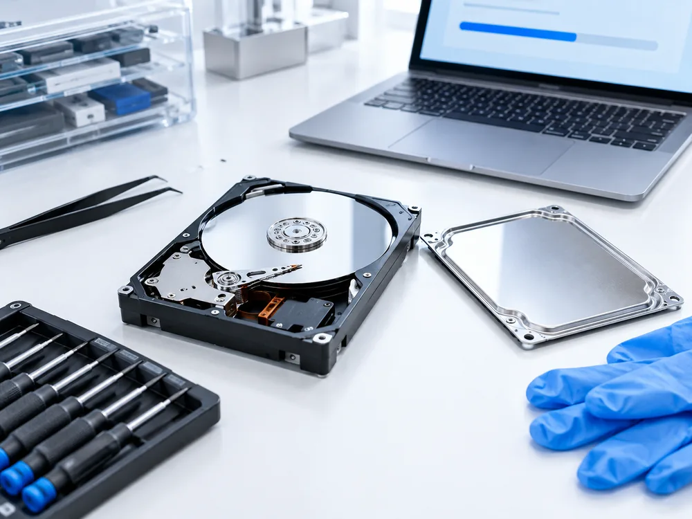 Disco duro abierto sobre la mesa de trabajo durante un proceso de recuperación de datos