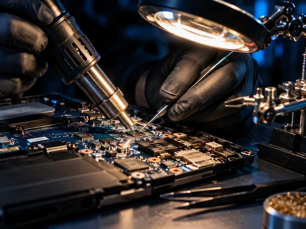Reparación electrónica de la placa base de un portátil con estación de aire caliente y lupa de trabajo