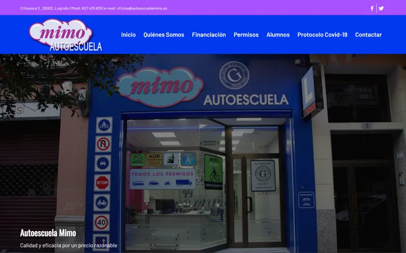 Portada de la web de Auto Escuela MIMO con la fachada de la academia en Logroño