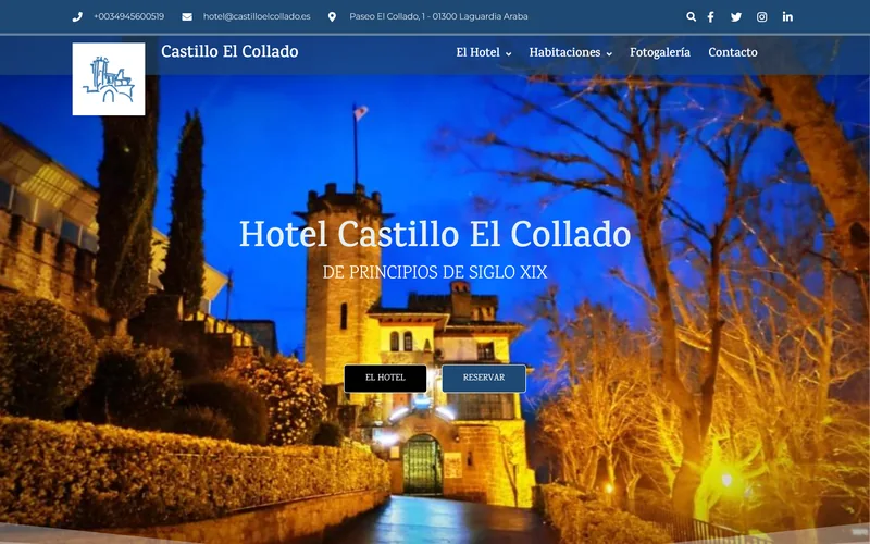 Portada de la web del Hotel Castillo El Collado de Laguardia, con el castillo iluminado de noche