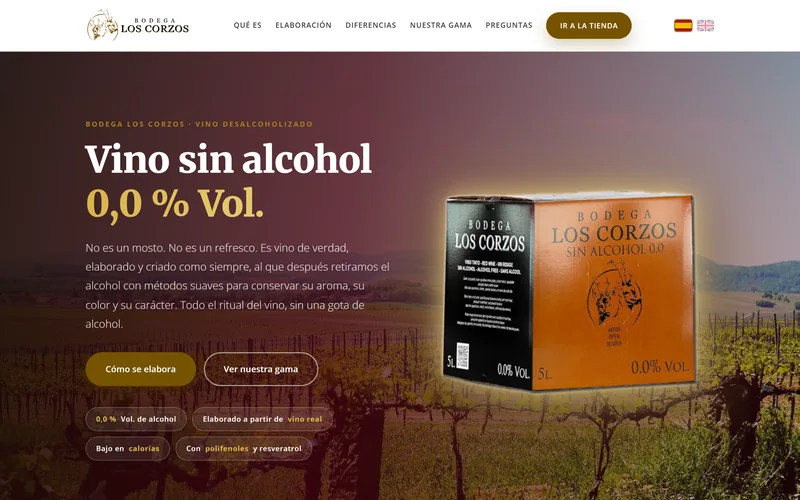 Página de aterrizaje del vino sin alcohol 0,0 de Bodega Los Corzos