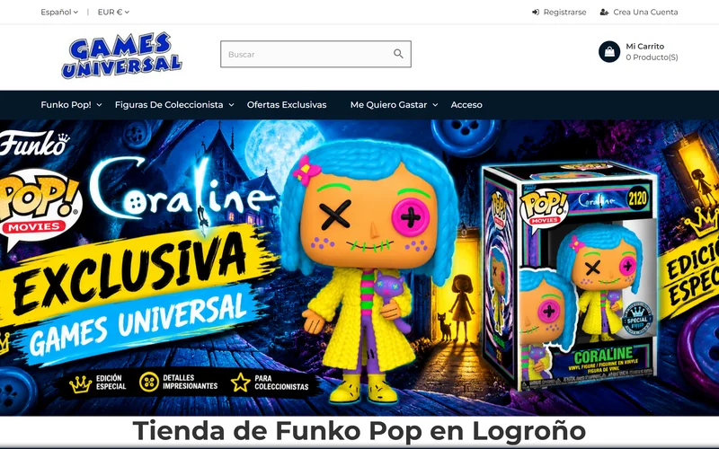 Portada de la tienda online Universal Friki Shop de Logroño con una figura coleccionable destacada