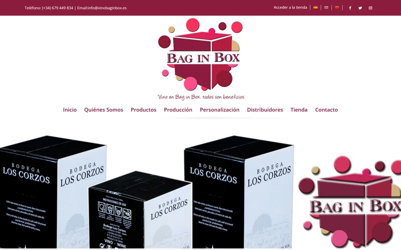 Portada de la web de marca Vinos Bag in Box con los envases de tres, cinco y quince litros